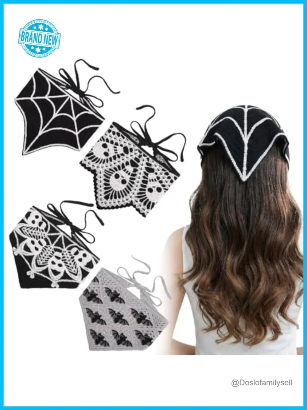 4 Pack Skull Bat Crochet Headband Gothic Triangle Hair Wrap Scarf Halloween